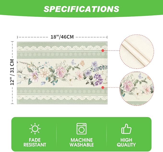 Artoid Mode Green Printed Lace Floral Spring Placemats Set of 4, 12x18 Inch Seasonal Summer Holiday Table Mats for Party Kitchen Dining Decoration