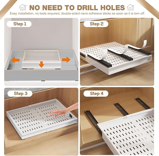 Seinloes 4 Pack Pull Out Cabinet Organizer With Raising Pad for Framed Cabinets,Expandable Width (13"-21") and Depth (17"-24"),3 Slide Rails Slide Out Drawers with Handle,No-Drill Roll Out Shelf,White