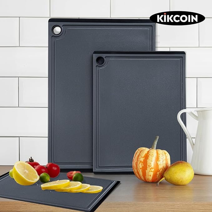 Kikcoin Plastic Cutting Boards for Kitchen, 3-Piece Large Cutting Board Set Dishwasher Safe Chopping Boards with Non-slip Feet and Juice Grooves, Gray