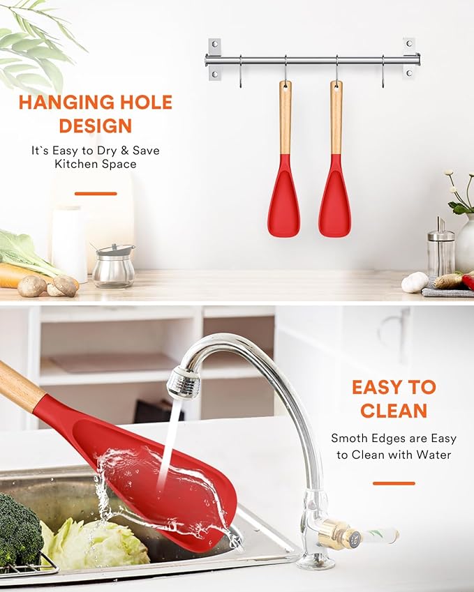 Cooking Spoon for Nonstick Cookwares, Great for Cooking and Serving Sturdy BPA-Free Matte Silicone, Wood Handle Spoon for Mixing, Scoop, and Scrape (2 Pack of Red, 13.4 inch)