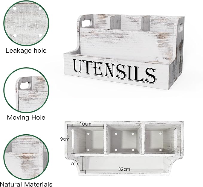 Suli Extra Large Kitchen Utensils Holder with 4 Compartments, White Wooden Utensil Organizer for Kitchen Countertop, Farmhouse Utensil Storage, Rustic Cooking Utensils - White Grain
