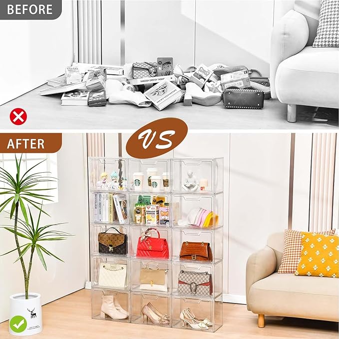 Freebat Stackable Storage Bins, Clear Acrylic Display Case, 5-Pack Acrylic Boxes with Lids, Clear Storage Containers Storage for Handbags, Collectibles & Figures