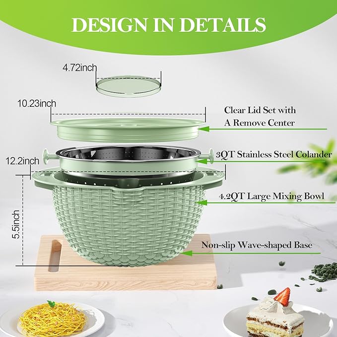 4 in 1 Colander with Bowl Set, Food Strainers and Colanders, Colander for Kitchen, Pasta Strainer, Fruit Washing Bowl, Kitchen Essentials Strainer Basket Bowl, Green, Christmas & New Year Gifts