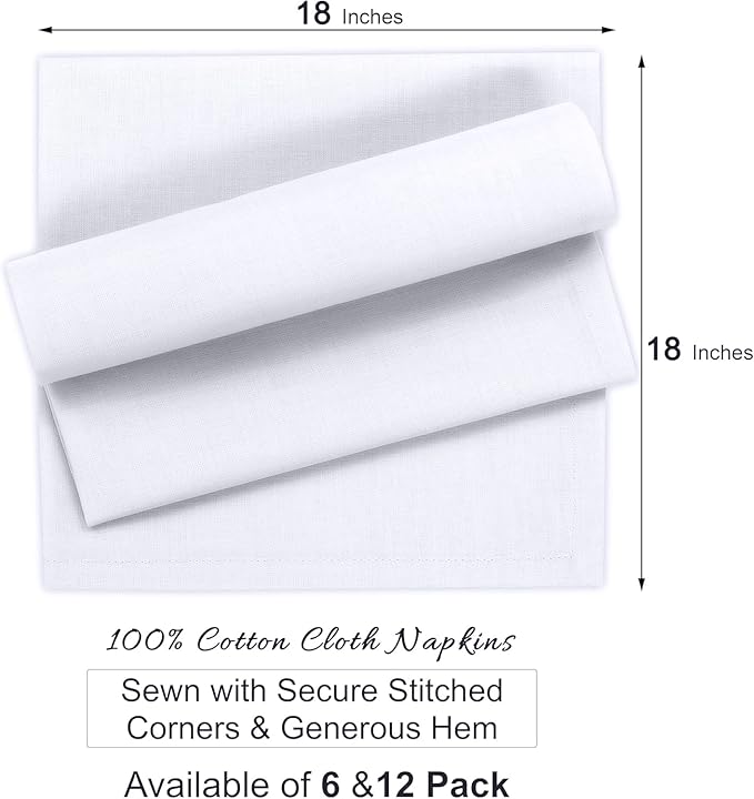 Ruvanti Cloth Napkins Set of 12, 100% Cotton High GSM 18x18 Inches Soft, Washable, Highly Durable & Absorbent, Perfect for Parties, Christmas, Thanksgiving Dinners – White