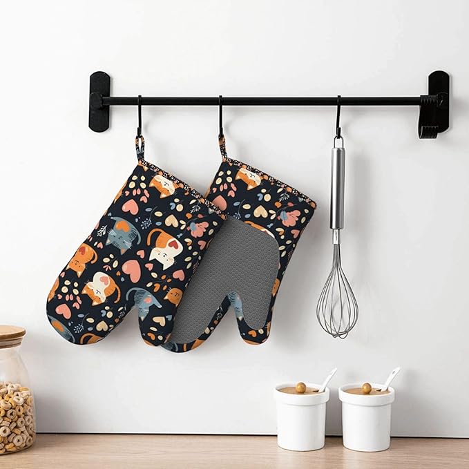 Cat Heart Silicone Oven Mitts Set of 2, Heat Resistant up to 500°F, Kitchen Oven Gloves with Non-Slip Grip and Soft Cotton Lining for Baking, Cooking and BBQ