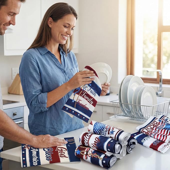 Breling Set of 6 4th of July Kitchen Towels Patriotic Themed Dish Towel Bathroom Decorative Rustic Cloths for Independence Day Kitchen Bathroom Home Cooking Housewarming, 14 x 21 Inch
