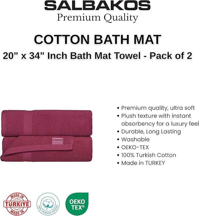 SALBAKOS 100% Turkish Cotton Bath Mat Set 2-Piece - 20x34 inch, Hotel & Spa Collection, Soft, Absorbent, Long Lasting, Durable Bathroom Rugs | Made in Turkey (Wine, 2 Bath Mats)