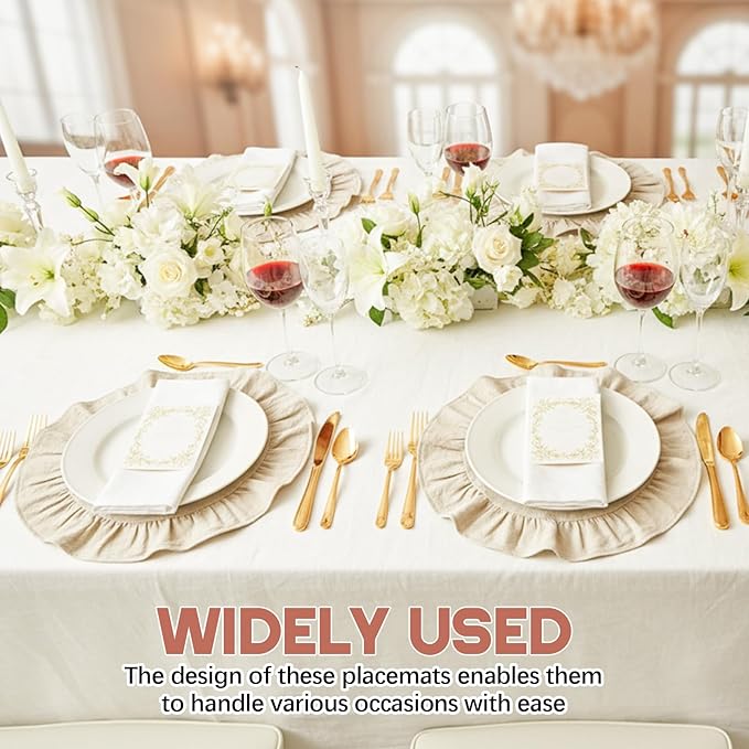 4 Pcs 15 Inch 100% Cotton Scalloped Round Placemats, Thin White Place Mats with Ruffle, Washable Placemats Table Mats for Kitchen Dining Holiday Gatherings Decor