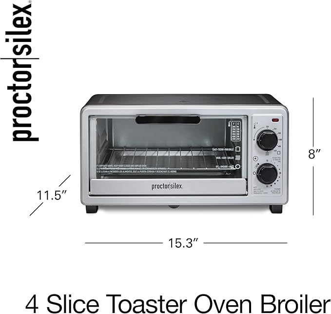 Proctor Silex 4 Slice Countertop Toaster Oven, Multi-Function with Bake, Toast and Broiler, 1100 Watts, 30 min timer and auto-shutoff, Includes Backing Pan and Rack, Black and Silver (31260)