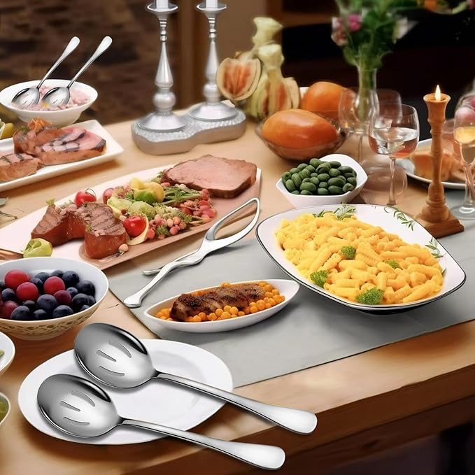 Stainless Steel Serving Spoons Set, 6pc, 10-Inch, Includes 3 Large, 3 Slotted, for Parties/Kitchen/Buffet/Catering, Dishwasher Safe