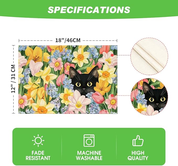 Artoid Mode Tulip Flowers Cat Spring Placemats Set of 4, 12x18 Inch Seasonal Summer Holiday Table Mats for Party Kitchen Dining Decoration