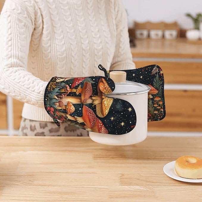 Oven Mitts and Pot Holders Mushroom Forest Vintage Silicone Kitchen Accessories Set of 2 Heat Resistant Long Gloves Potholder Non-Slip Grip for Chef Cooking Baking Grilling BBQ