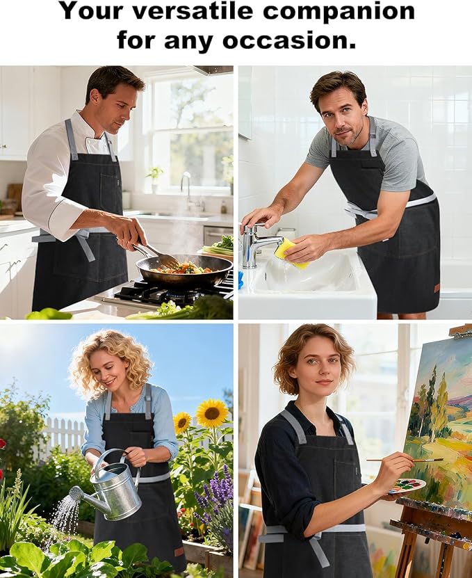 Womens Apron with Pockets Adjustable Shoulder Strap,Aprons for Men 38.5" Extra-Long Straps Fit More Body Types,Chef Apron for Kitchen Garden Barbecue Woodworking(Black)