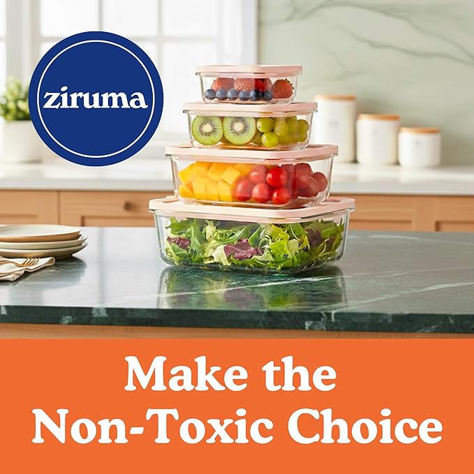 Ziruma Non-Toxic 4 Pack - Glass Food Storage Containers With Lids โ Plastic Free, Airtight Meal Prep Containers, Multi-Size (12, 21, 35, 50 Oz), Microwave & Freezer Safe