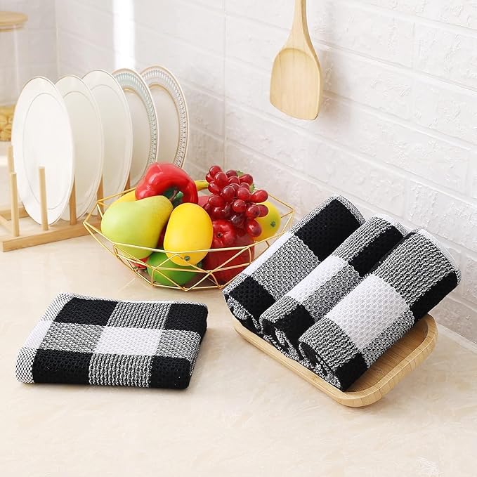 Homaxy Kitchen Towels and Dishcloths Set, 12 x 12 and 13 x 28 Inches, Set of 12 100% Cotton Waffle Weave Check Plaid Kitchen Dish Towels, Super Soft and Absorbent Dish Cloths, White & Black