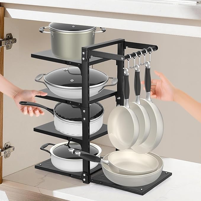 4-Tier Pot and Pan Organizer Rack, Adjustable Kitchen Cabinet Storage with Hooks, Black Metal, Space-Saving Cookware Holder