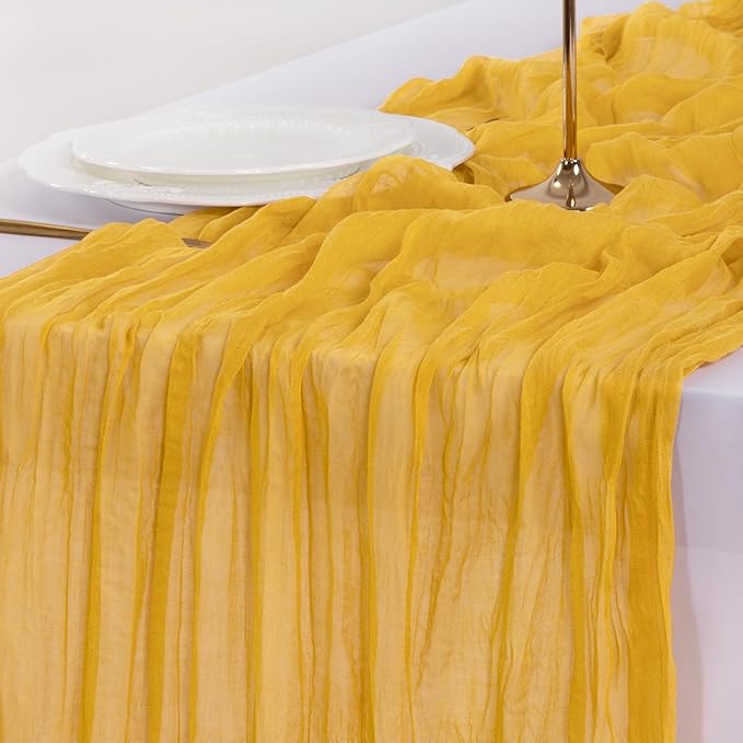 Socomi 6pcs Gold Yellow Easter Spring Cheesecloth Table Runner Boho Rustic Gauze 120 inch 10FT Cheese Cloth Runner for Wedding Party Baby Shower Birthday Home Decor Holiday Decorations