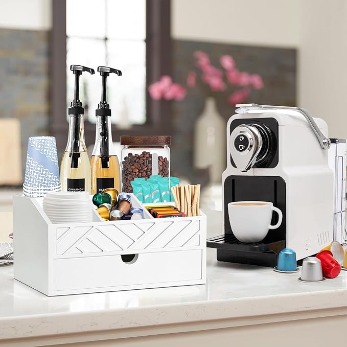 Coffee Bar Organizer with Drawer, Coffee Station Organizer for Countertop, Wood Coffee Bar Accessories Organizer for Coffee Bar Decor, Farmhouse Coffee Cup Pod Holder Condiment Organizer(White)