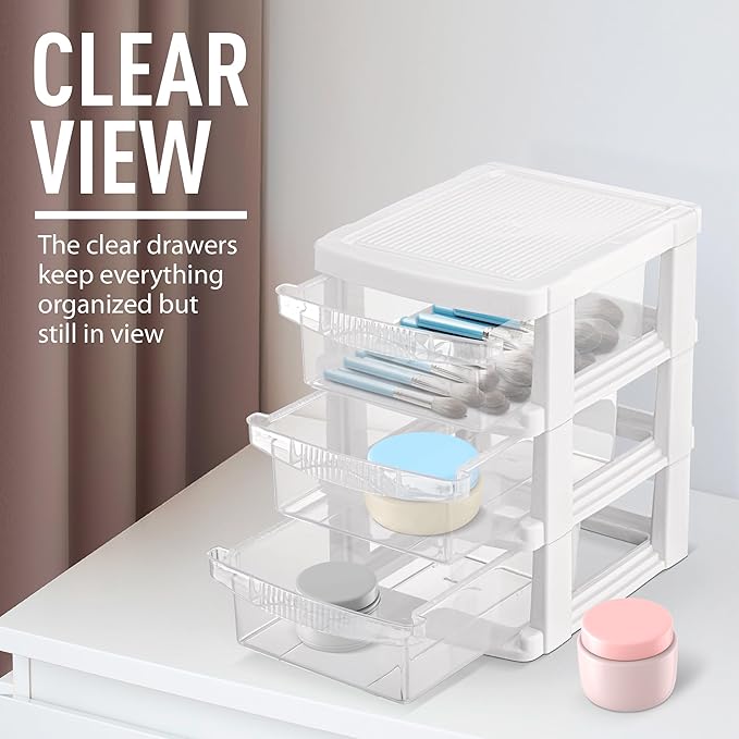 Tribello 3 Drawer Plastic Storage, Mini Drawer Unit, White Frame With Clear Drawers for Craft Storage - 8.5"L X 7"W X10"H Inches - (1 Pack)