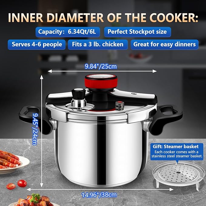 6.34 Quart Pressure Cooker, 304 Stainless Steel - Explosion-Proof Lock, One Hand Operation, Fast Cooking, Dishwasher Safe & Induction Compatible, Family Size Cookware