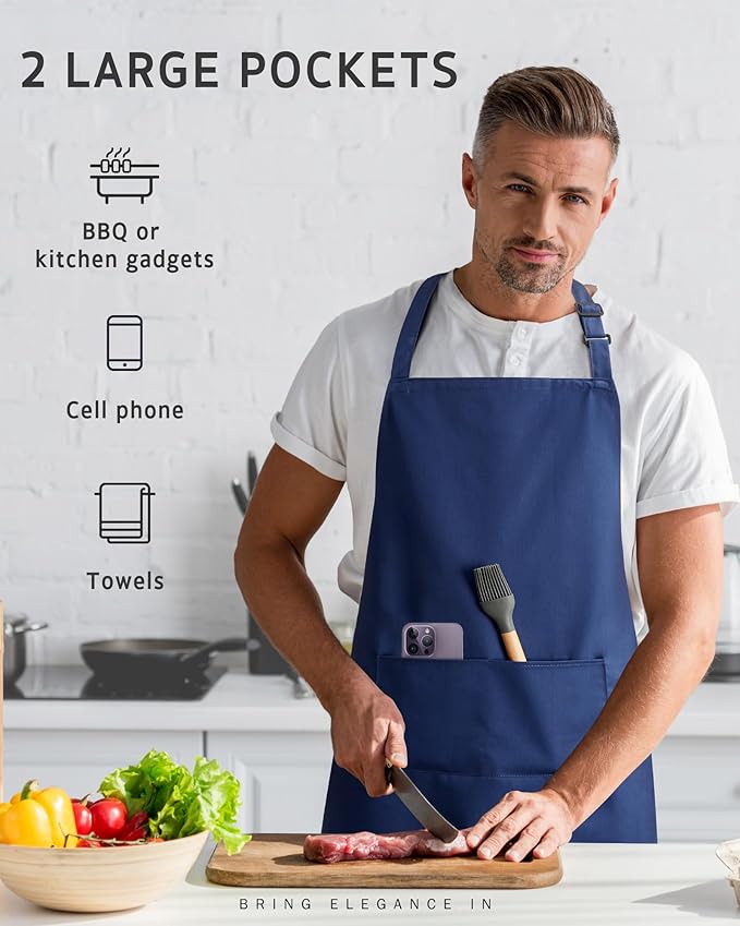 Syntus Apron for Men Women, Adjustable Cooking Kitchen Chef Aprons with 2 Pockets, Cotton/Polycotton/Polyester