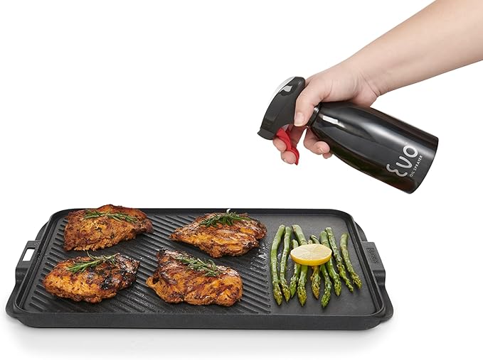 Evo Oil Sprayer 18/8 Stainless Steel, Non-Aerosol for Olive, Cooking Oils, and Vinegars, Black, 16-Ounce Capacity