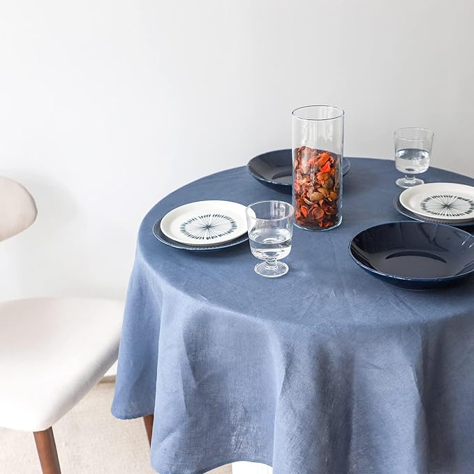 Simple&Opulence Textured Tablecloth 100% Linen Table Cloth, Kitchen Dinning Tabletop Decoration, for Outdoor and Indoor Use (Round Classic Blue, 60")