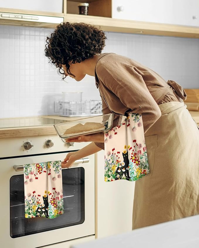 Miss Adola Flour Sack Kitchen Towels - Set of 2 Spring Dish Towels with Hanging Loop 18x26 Inch Absorbent Reusable Cotton Cloths for Cleaning Cute Design Home Decorative Housewarming, Flower Cats
