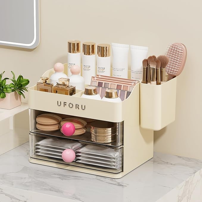 Makeup Organizer for Vanity with Brush Holder, Countertop Skincare Organizer with 2 Drawers, Spacious Cosmetic Display Case for Perfumes, Eyeshadow Palettes, Nail Polishes