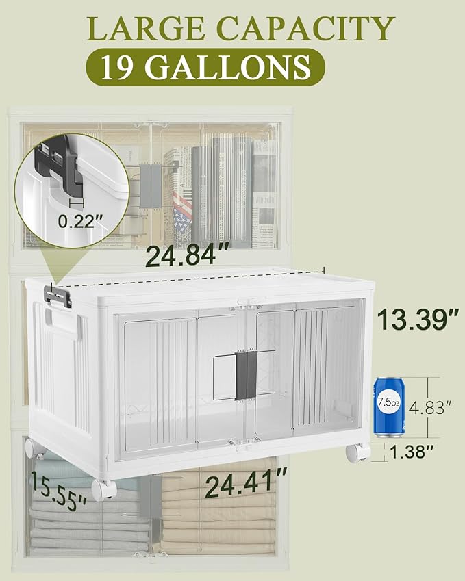OlarHike 76QT Lockable Storage Bins with Lids - Folding Storage Box with Doors and Wheels, Collapsible Plastic Storage Bins for Closets, Office, Stackable Organizer, Containers, 4 Pack Cubes