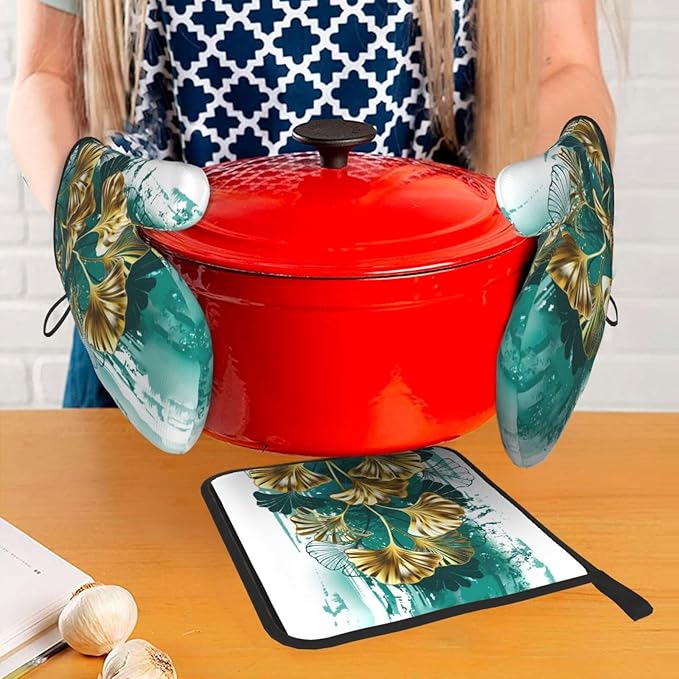Teal Gold Green Leaves Oven Mitts and Pot Holders Set Heat Resistant Non Slip Set of 3 Decorative Kitchen Gloves Hot Pads for Cooking BBQ Baking Grilling