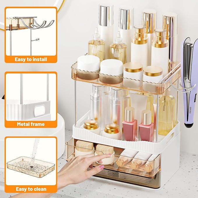 TasticTotes Bathroom Counter Organizer with Hairdryer Holder, 2-Tier 2-Drawer Shower Organizer for Skincare, Makeup Cosmetics, Large Capacity Vanity Organizer, Bathroom Decor, Valentine's Day(Amber)