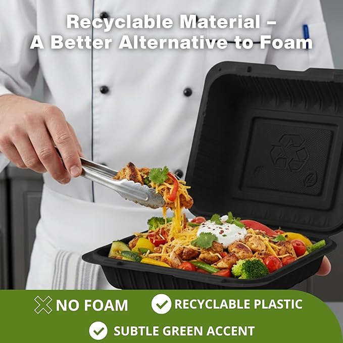 Hinged Take-Out Containers 9″ x 9″ BPA Free, Clamshell To Go Boxes Recyclable, Microwave & Freezer Safe Food Storage Boxes for Restaurants, Catering - Cake Slice Container - Black