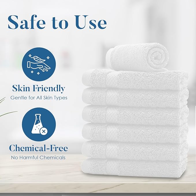 DAN RIVER 12-Pack Premium 100% Cotton White Face Towels for Bathroom - Reusable Face Wash Cloths for Showering 12 X 12 Inches - 550 GSM Super Soft & Absorbent Luxury WashCloths for Body, Spa & Gym