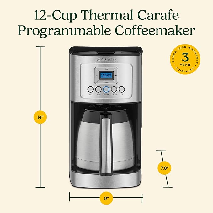 Cuisinart 12-Cup Coffee Maker, Programmable PerfecTemp Thermal Carafe Coffee Machine with 1-4 Cup Setting, Brew Strength Control and Brew Pause, Stainless Steel, DCC-3400NAS, Silver