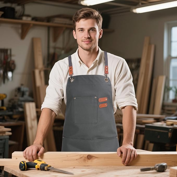 Chef Aprons for Men Women with Large Pockets, Cotton Canvas Water Repellent Kitchen Apron for Cooking