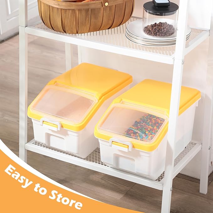 Sunnyray 4 Pcs Rice Storage Containers Bulk Flour Sugar Container Wheels Measuring Cups Set Airtight Pet Dog Cat Birds Food Bin Grain Cereal Organizer Box for Dry Baking(Yellow,22 lb)