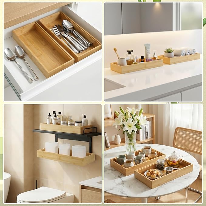 2 Pack Kitchen Drawer Organizers, 14" x 5.9" x 2" Stackable Bamboo Silverware Drawer Organizer, Bamboo Utensil Organizer for Bathroom, Dressing Room, Office, Pantry (Natural)