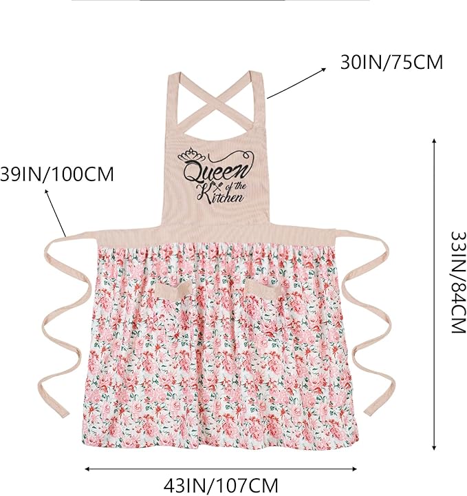 Cute Floral Aprons for Women with Pockets,Cotton Adjustable Neck Strap Apron for Kitchen Cooking Baking Gardening