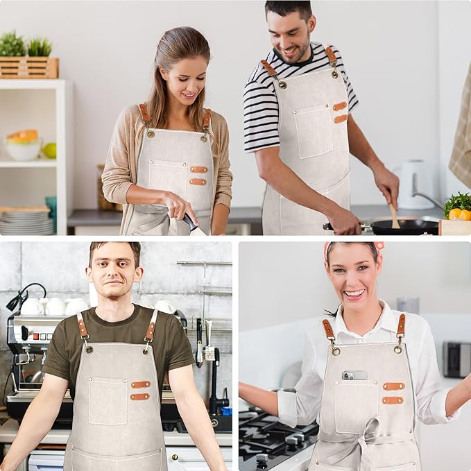 OUNLEN Chef Apron for Men Women Canvas Aprons with 3 Pockets Cross Back Resistant Work Apron for Cooking