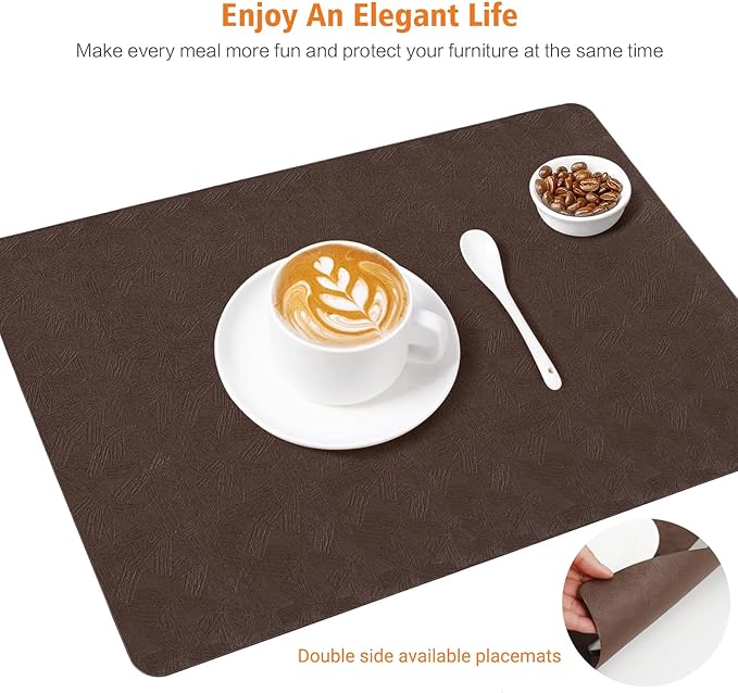 Vinyl Placemats Set of 6 Heat Resistant Easy Clean Non-Slip Place Mats for Dining Table Faux Leather Waterproof Stain Resistant Wipeable Washable PVC Table Mats(6, Brown)
