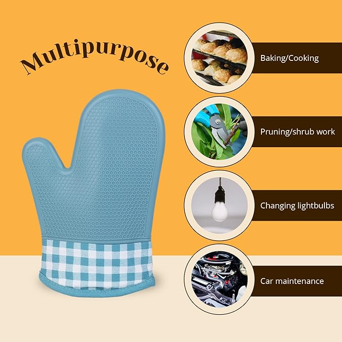 Amruta Pair of Silicone Shell Oven Mitts, 2 Pieces Heavy Duty Baking Kitchen Mitts for BBQ Microwave Stove, Heat-Resistant up to 500F, Oven Glove with Silicone Textured Grip (Short, Blue)
