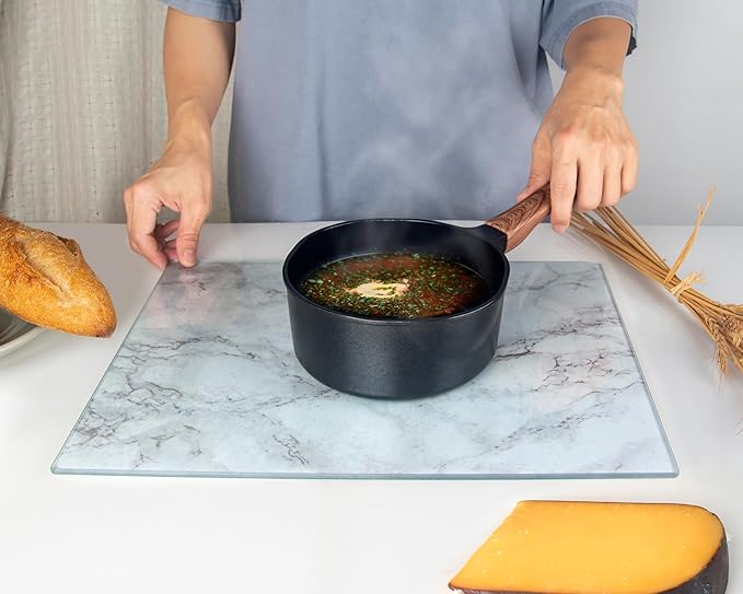 Kitchenville Glass Cutting Board 16"x12": Tempered Glass Kitchen Counter Protector - Durable- Scratch-Resistant, Heat-Proof - Design 3 - Grey Marble Effect