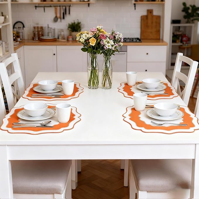 Embroidery Cotton Linen Placemats Set of 4, HADEEONG Table Mats Cloth Placemats, Washable Wrinkle Resistance, Double Layer Scalloped Fabric Placemats, 17.7 x 13.4inch (White with Orange, 4)