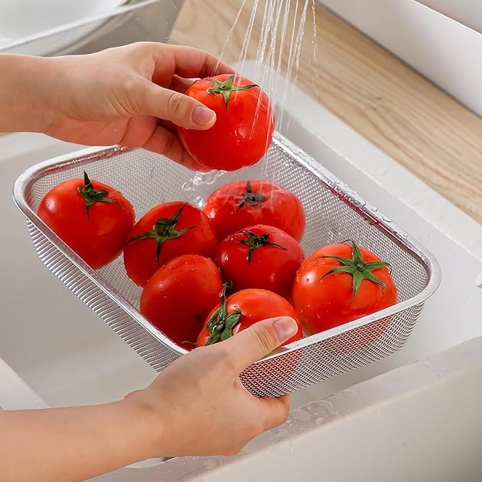18/8 Stainless Steel Fine Mesh Strainer Basket with Feet, Rectangular Colander for Vegetables, Fruits, Pasta, Noodles – Rustproof, Durable & Easy to Clean (12.2 inch)