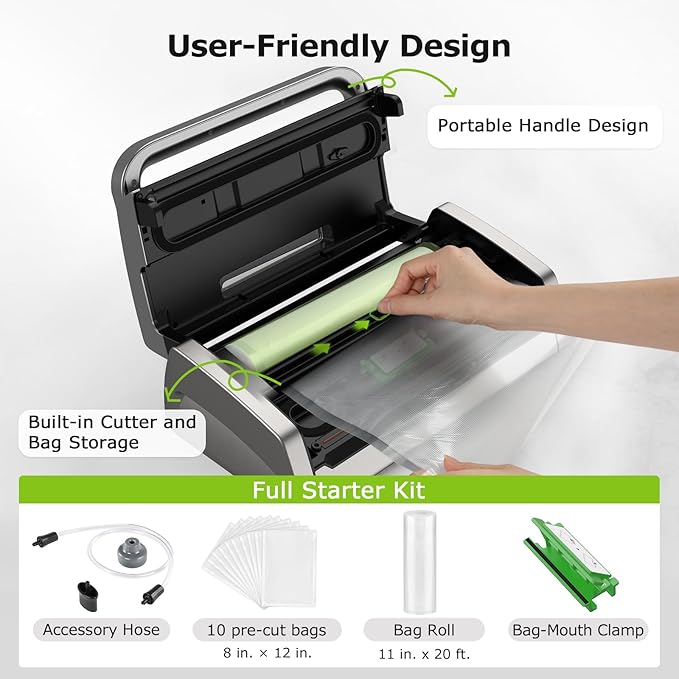 Bonsenkitchen Vacuum Sealer Machine, Globefish Technology for Perfect Vacuum Sealing, Powerful Low-Noise Food Vacuum Sealer with Easy Handle Design, Built-in Cutter & Bag Storage, 1 Bag Roll & 10 Bags