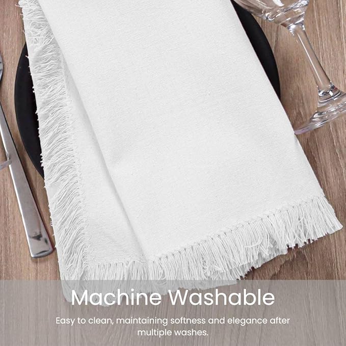 100% Cotton Cloth Dinner Napkins with Fringes Set of 6 - Large 20x20 Inches White - Soft Durable Reusable - Perfect for Dining Special Occasions Wedding Holidays Christmas