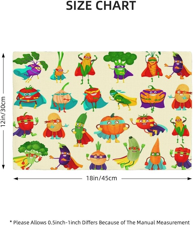 Vibrant Superhero Vegetable Linen Placemats Set of 4, Heat Resistant Non Slip Cute Place Mats for Dining Table, Kitchen, Kids’ Party, Family Gathering, Whimsical Home Decor, Gift for Children Parents