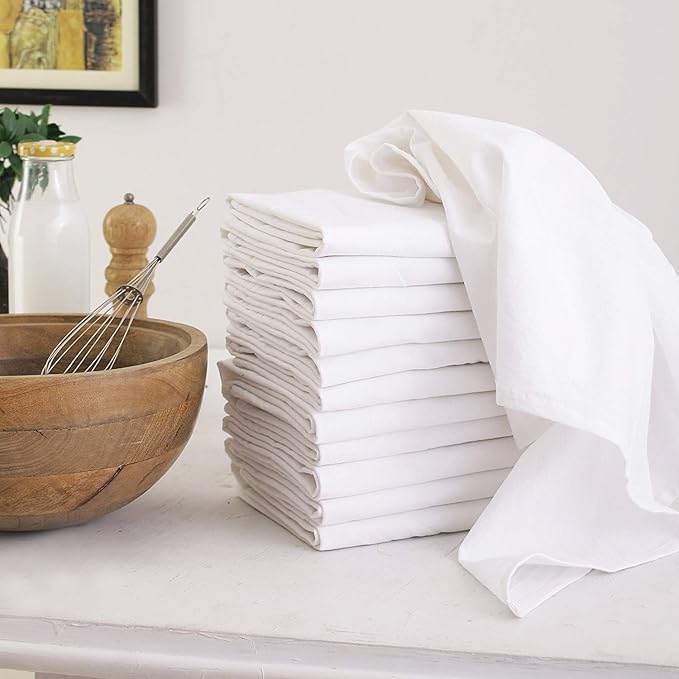 DG Collections 100% Cotton Flour Sack Towels – 12 Pack, 27x27 Inches, White, Lint-Free, Pre-Washed, Hemmed Edges – Reusable Kitchen Towels for Cleaning, Embroidery, Printing & Crafts - White