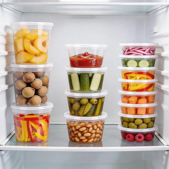 BYSNOW 60 Sets Deli Containers with Lids, 32/16/8 oz X 20 Set Each, Leak-Proof & BPA Free Airtight Takeout Plastic Food Storage Containers for Soup, Freezer/Microwave/Dishwasher Safe